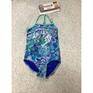 Hurley Girls Aurora Green Marble One Piece Swimsuit UPF 50+ Size 7/8 HRLG-1P5818